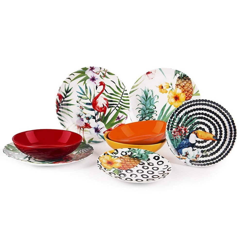 Tropical Chic Servizio Tavola, Porcellana e ceramica Multicolore, 18 Unità Excelsa